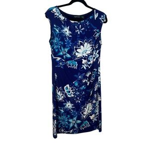 Lauren Ralph Lauren Sheath Dress 14 Floral Ruched Waist Cap Sleeve Casual Blue